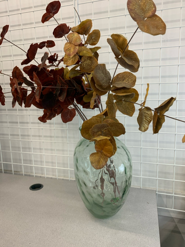 LG FLOOR VASE W GOLD/RED FROSTED PLANTS.