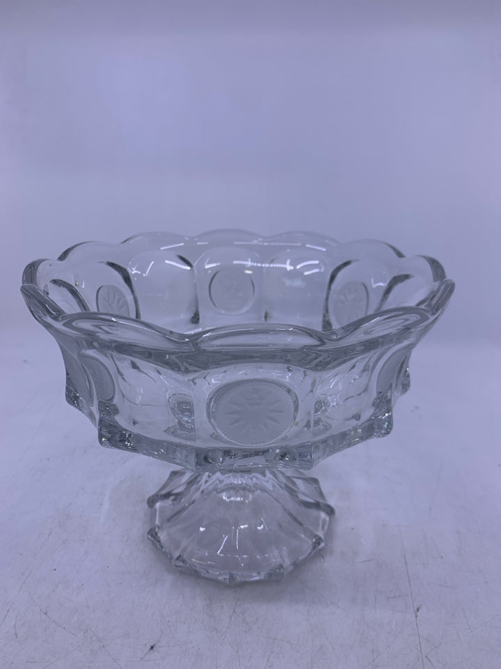HEAVY FOOTED CLEAR GLASS PEDESTAL BOWL W/ PRESSED COIN LOOK.
