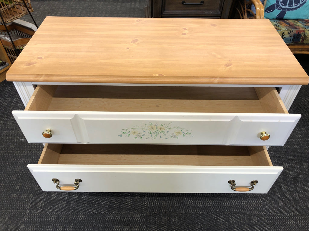 PAINTED FLORAL WOOD-TOP WHITE DRESSER *BOTTOM DRAWER SLIDE BROKEN.