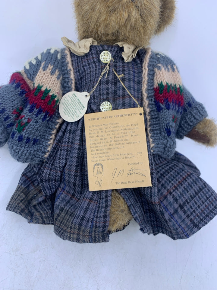 LIGHT BROWN BEAR W/ PLAID DRESS/SWEATER ON BOYDS BEAR.