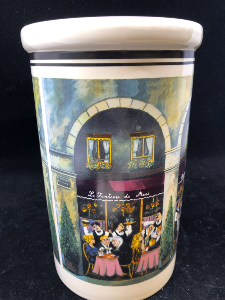 CREAM CANISTER W/ CITY STREET SCENE.