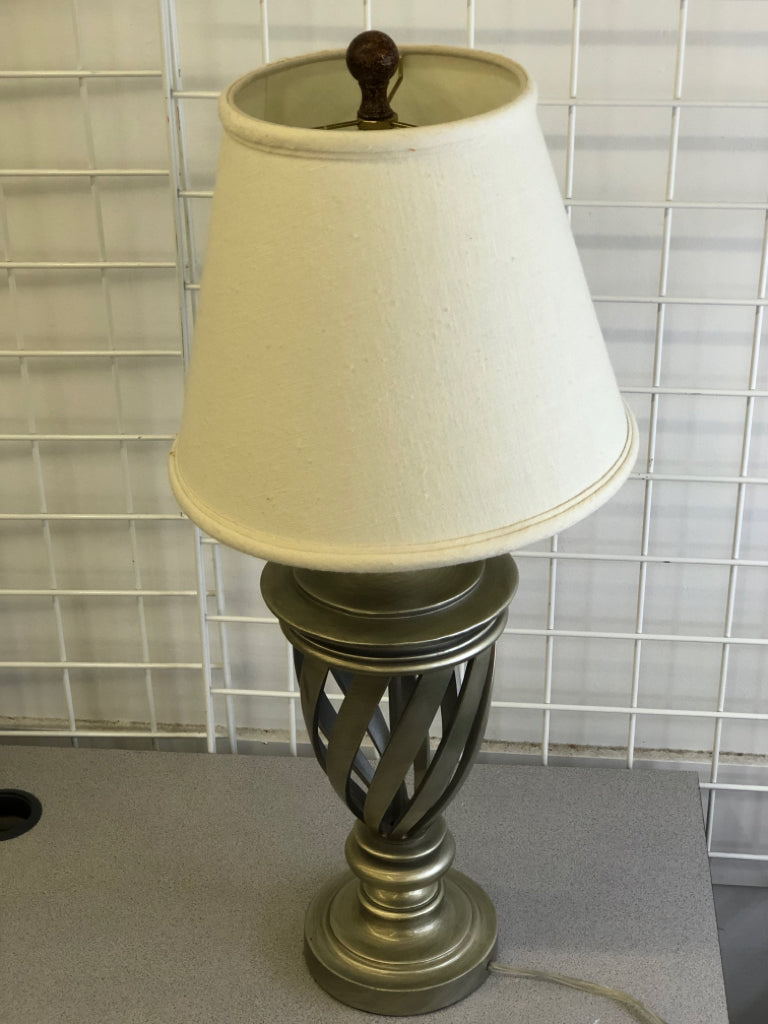HEAVY SILVER BASKET LAMP W/ CAGE LOOK/TEXTURED SHADE.