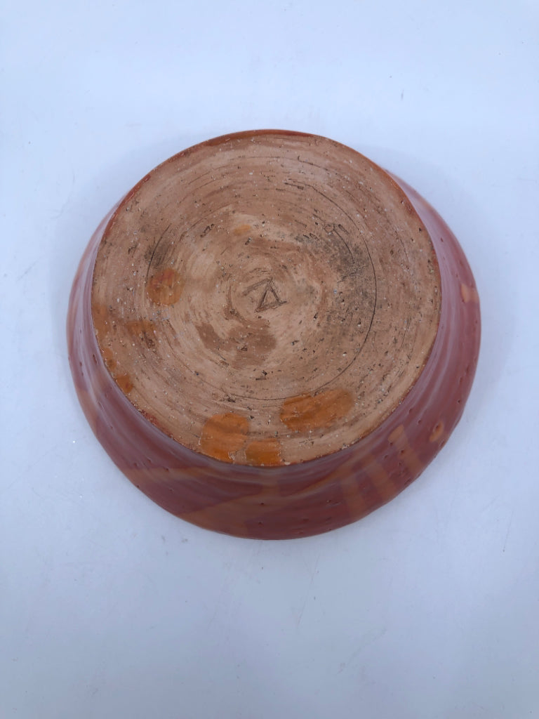 ORANGE W DRIP POTTERY DISH.