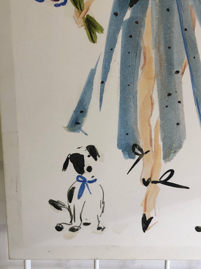 GIRL IN BLUE DRESS W DOGS.