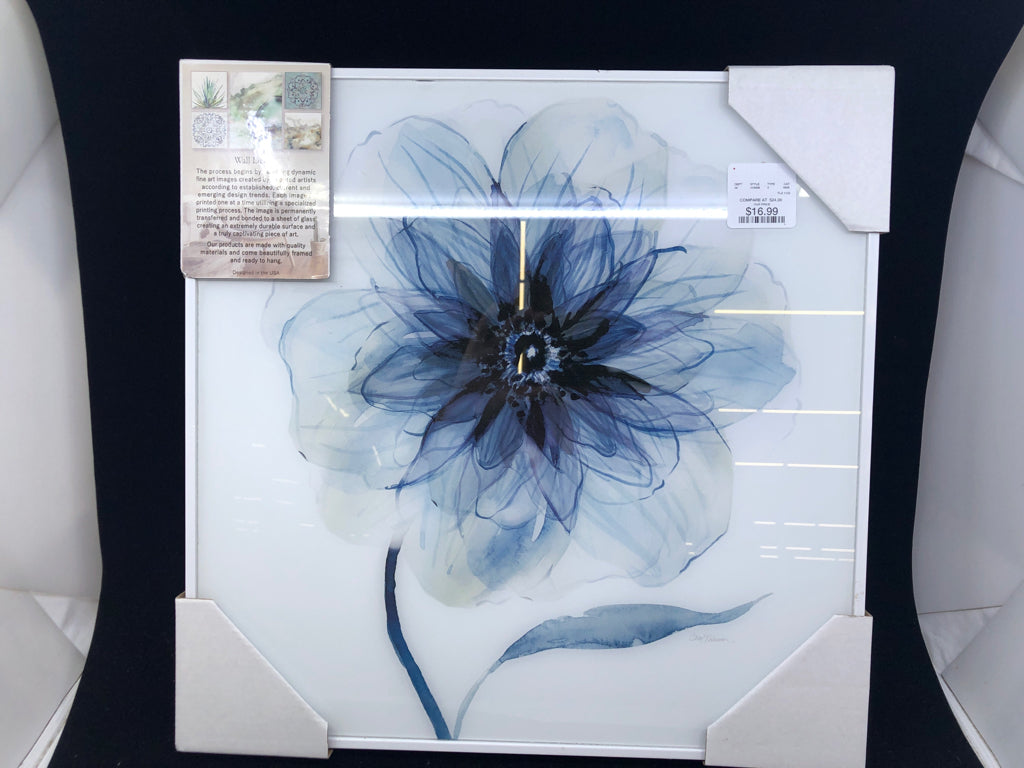 NIP WALL HANGING DARK BLUE FLOWER GLASS COVER WHITE FRAME SIGNED.