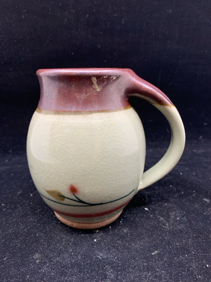 POTTERY MUG W/ MAROON TOP/BOTTOM.