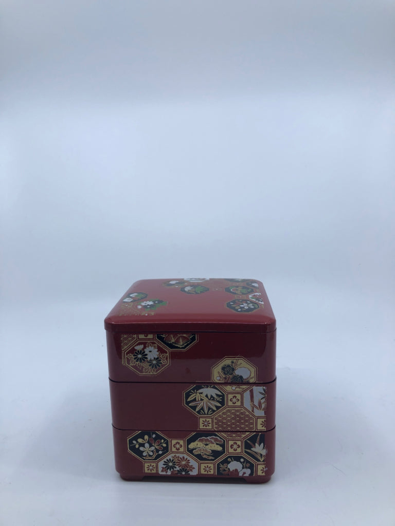 3 RED ASIAN STYLE STACKING BOXES W LID.