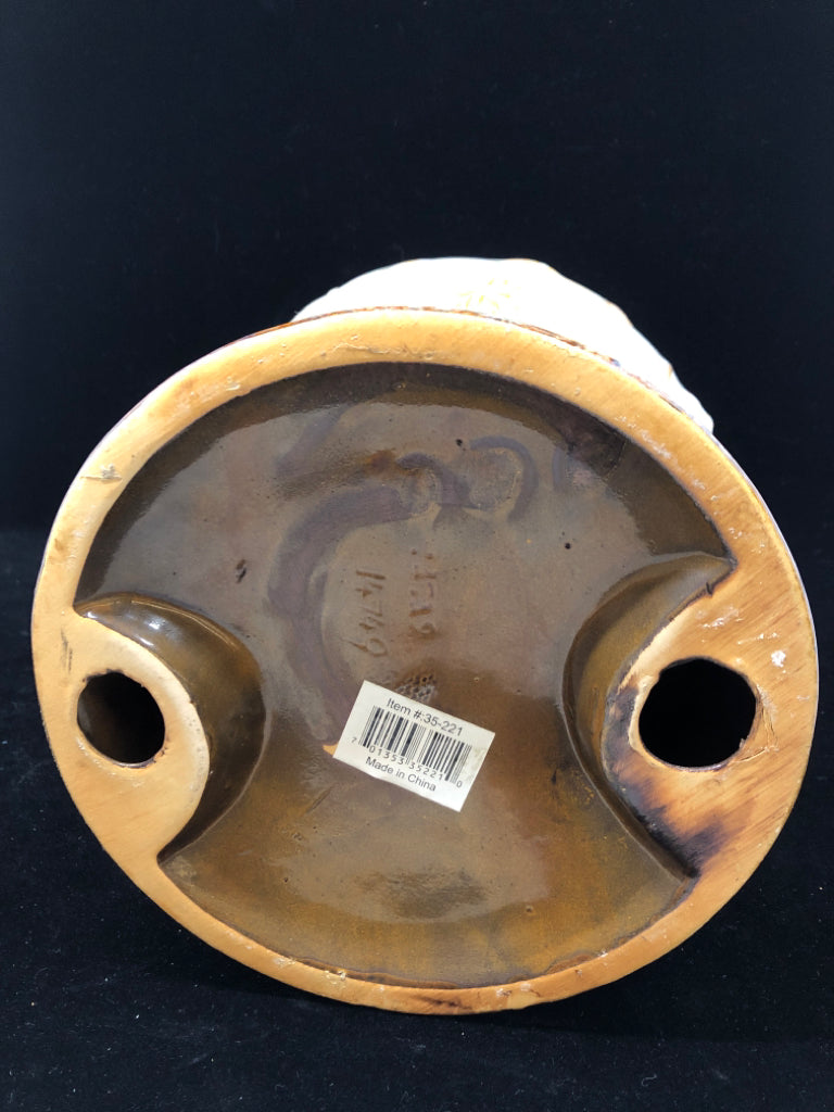 CREAM CERAMIC FROG ON SPHERE W/FLOWER DESIGN.