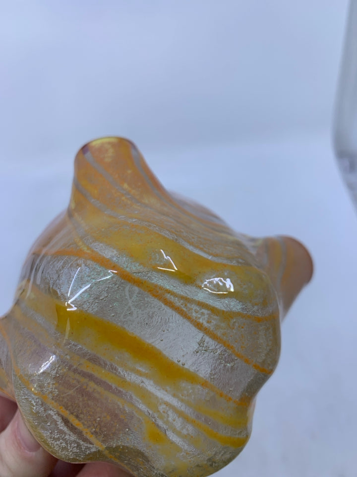 2 FUSED ORANGE GLASS TEA LIGHT HOLDERS FOLDER EDGES.