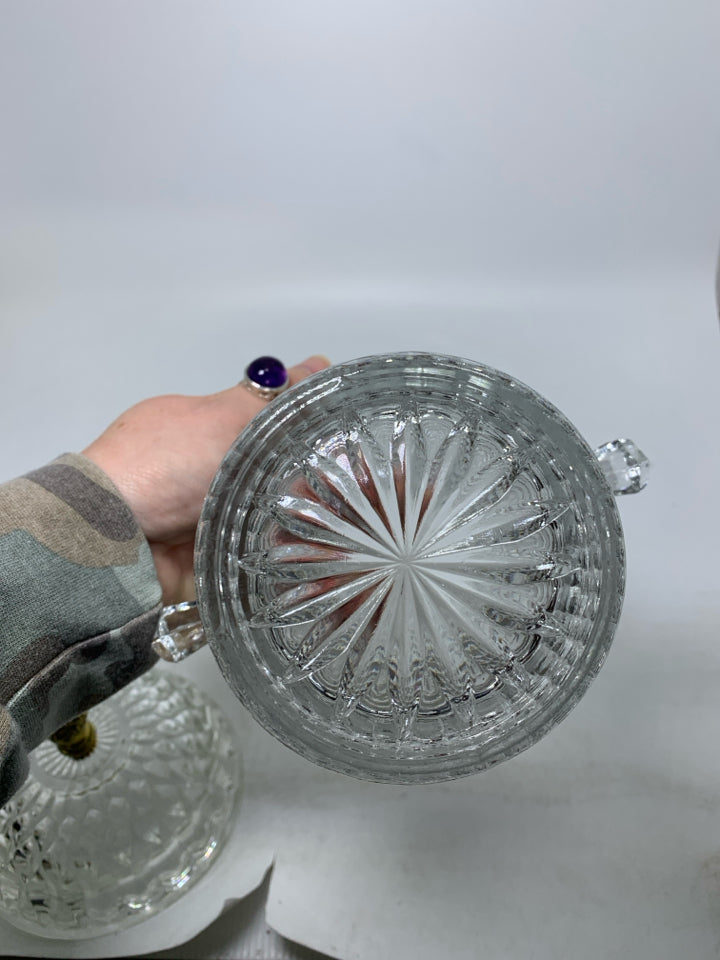 HEAVY TEXTURED GLASS ICE BUCKET W/ DOME COVER METAL HANDLE.