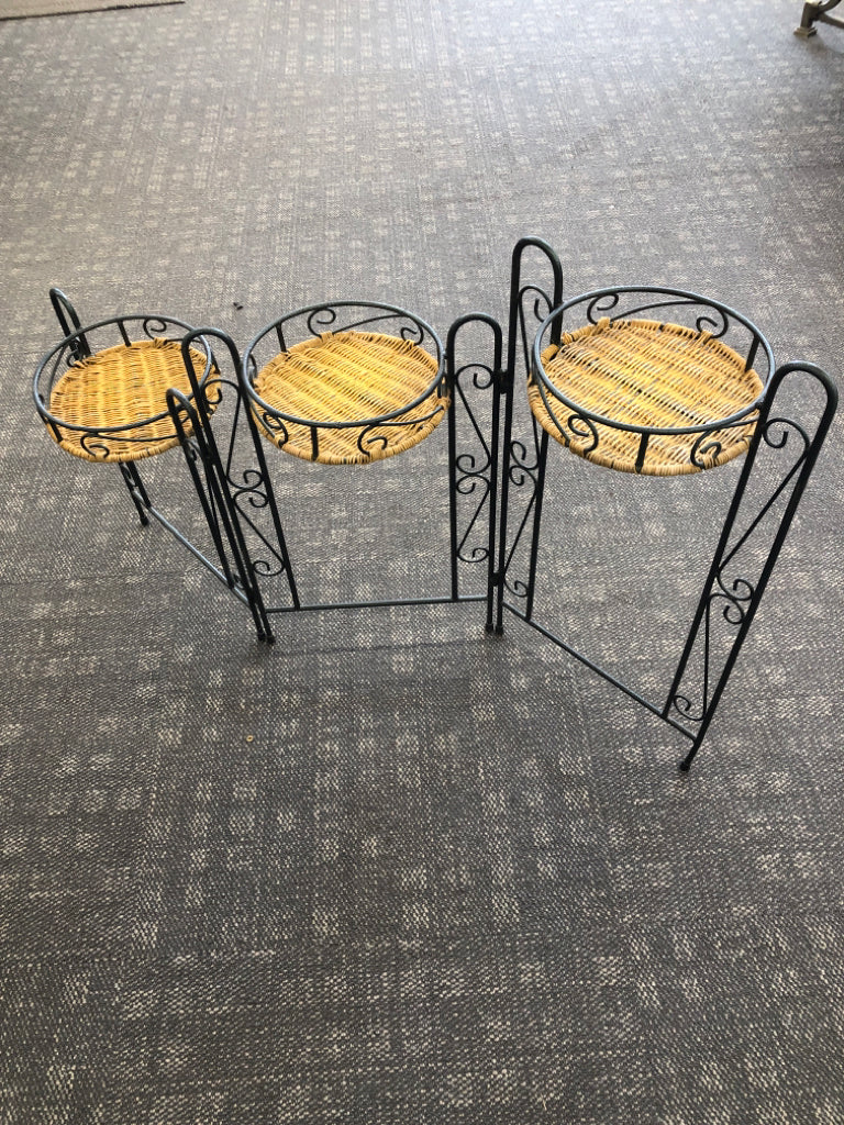 FOLDING 3 TIER IRON/WICKER PLANT STAND.