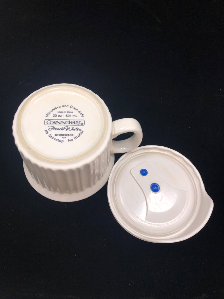 FRENCH WHITE MICROWAVE SOUP MUG W/LID.
