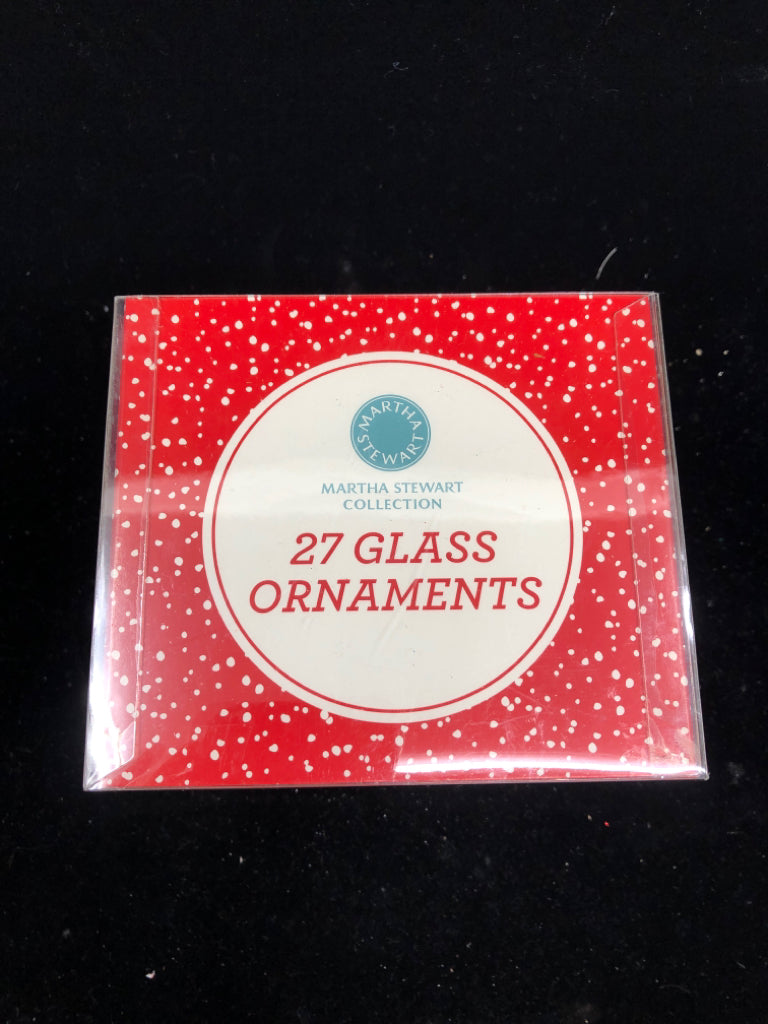 NIB 27 RED GLASS ORNAMENTS.