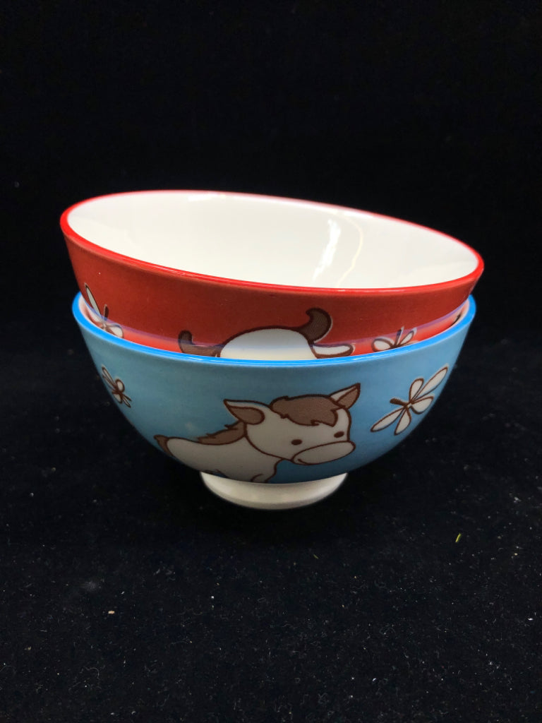 2 BLUE AND RED HORSE AND COW SMALL BOWL.