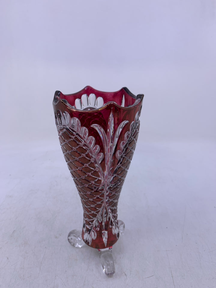 FOOTED RED/CLEAR CUT GLASS VASE.