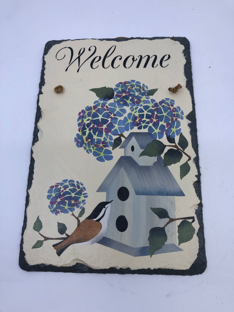 BLUE FLORAL W BIRDHOUSE WELCOME SLATE.