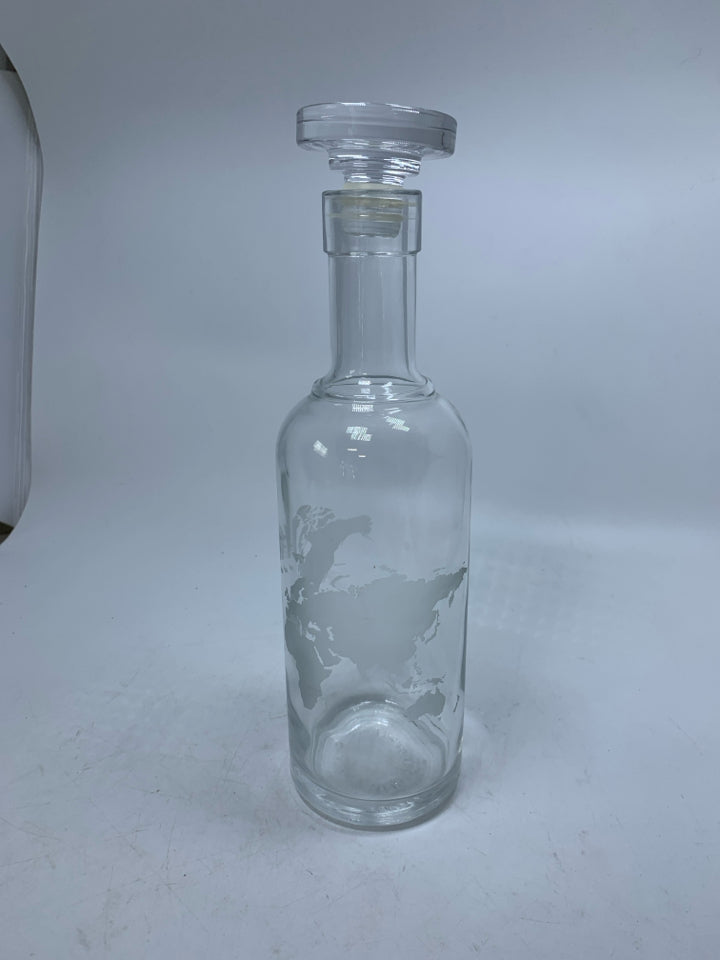 GLASS DECANTER W/ FROSTED WORLD MAP.
