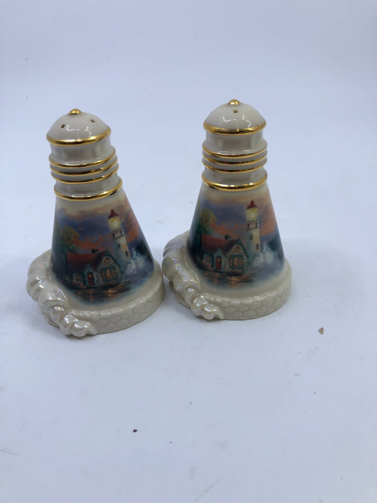 IRIDESCENT THOMAS KINKADE LIGHTHOUSE S/P SHAKERS.