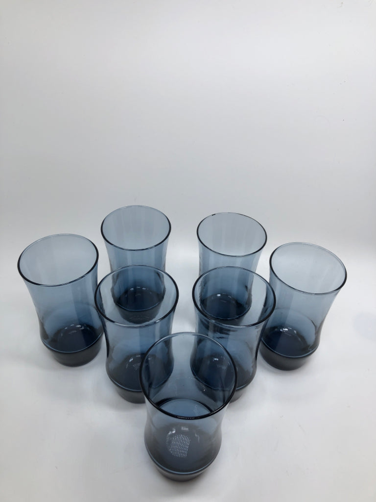 7 BLUE GLASS SHORT LIBBY TUMBLERS.