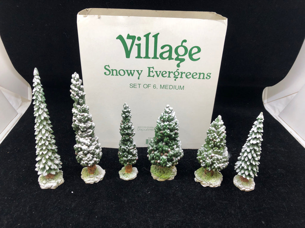 6 PC CERAMIC SNOWY EVERGREEN TREES - DEPT 56 IN BOX.