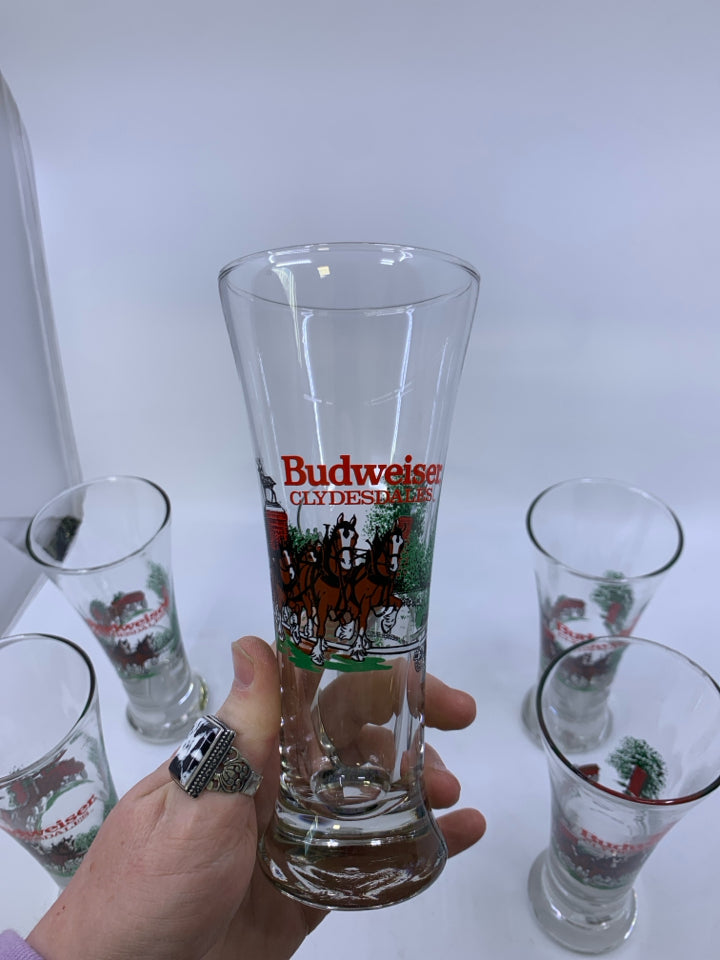 VTG 6 BUDWEISER CLYDESDALES PILSNER GLASSES.