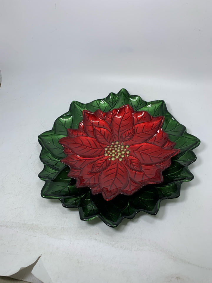 2 NESTING GLASS POINSETTIA PLATES RED/GREEN.