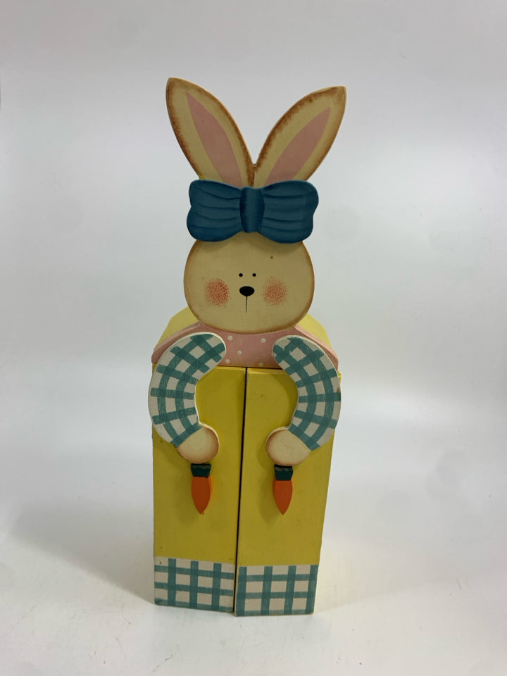 YELLOW PAINTED WOODEN BUNNY TOY CLOSET.