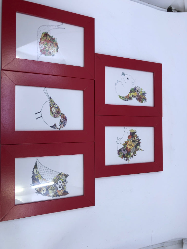 5 PC SMALL ASSORTED ANIMALS W/ FLOWER BOUQUET RED FRAMES.