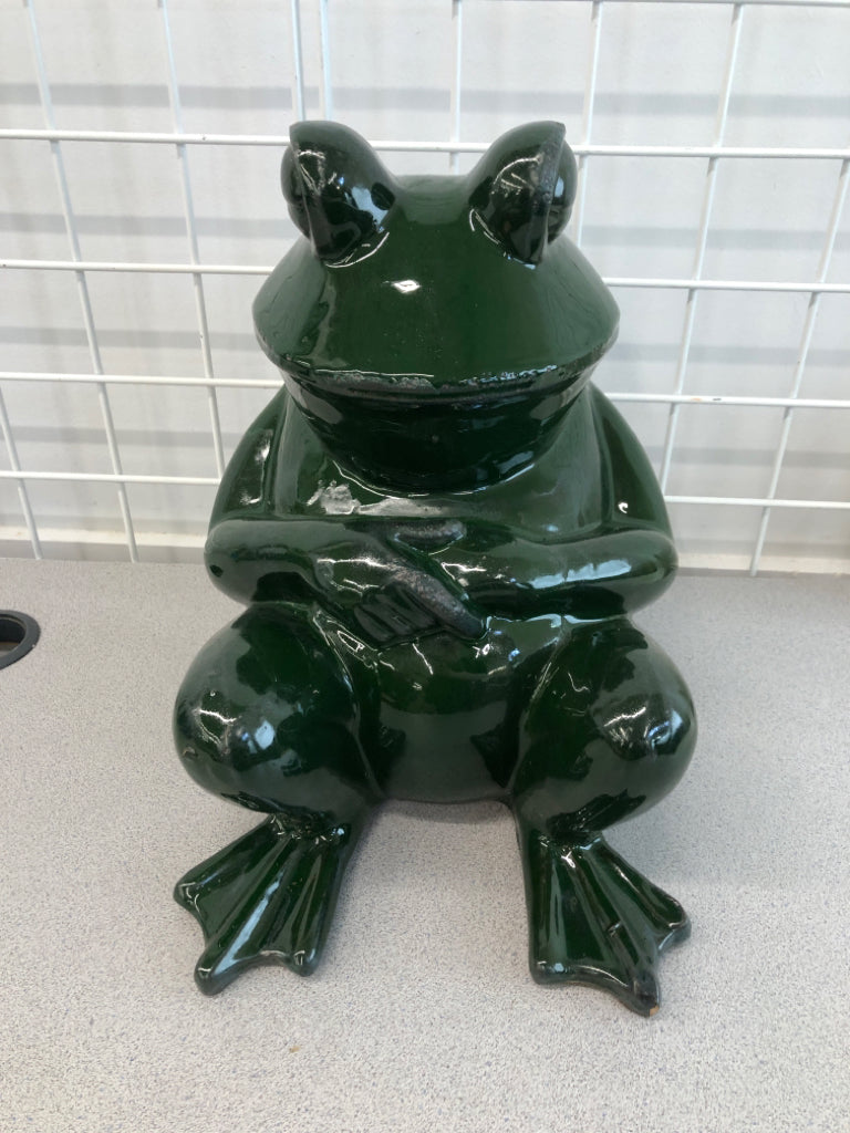 GREEN GLAZED TERRA COTTA FROG YARD DECOR.