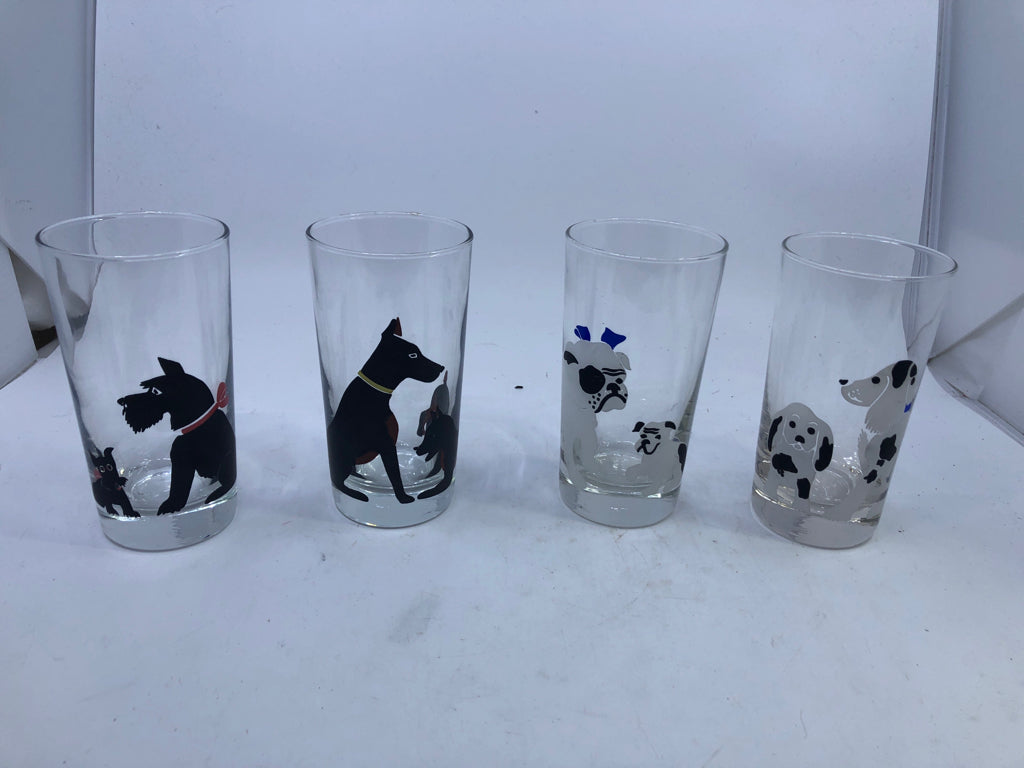4 HAND PAINTED DOG GLASSES.