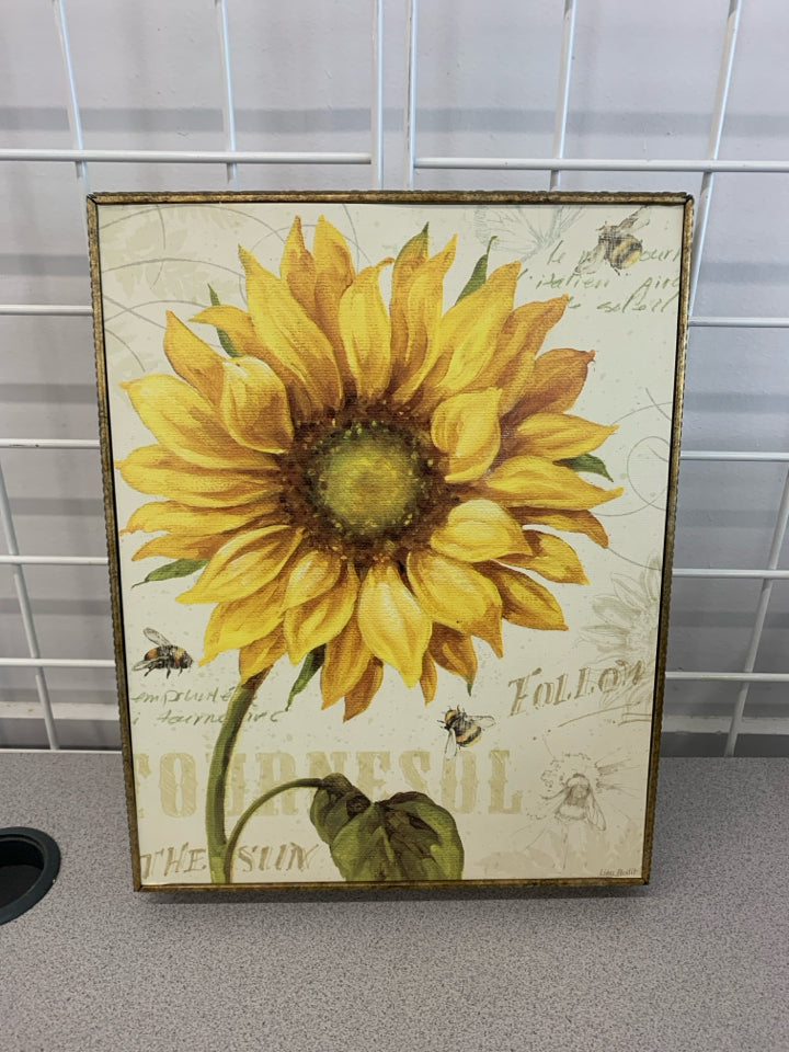 SUNFLOWER PRINT IN GOLD PAINTED FRAME.