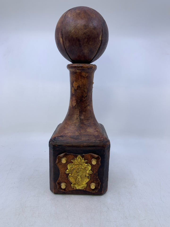 DARK LEATHER WRAPPED DECANTER W/ LARGE STOPPER.