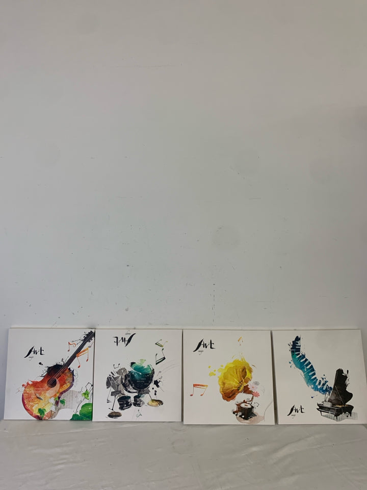 4 ASSORTED INSTRUMENTS WATER COLOR CANVASES.