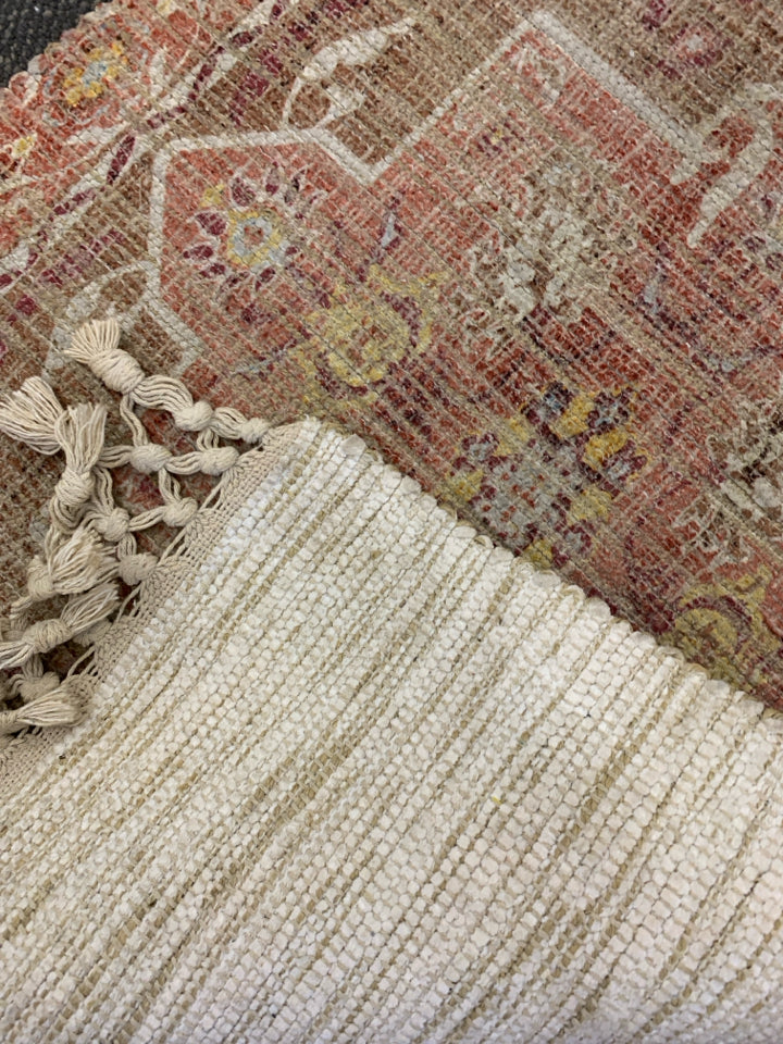 TAN AND RED MANDALA ACCENT RUG RUNNER.
