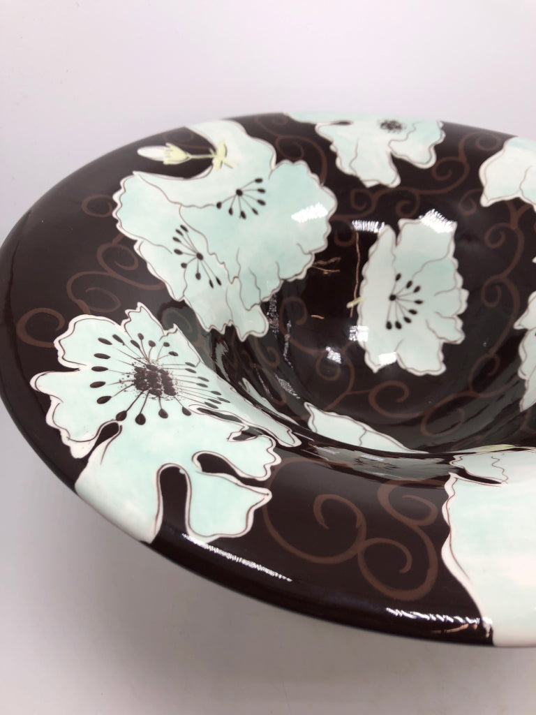 BROWN FLORAL PEDESTAL BOWL.