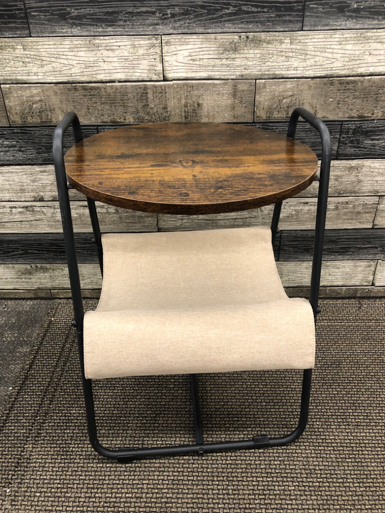 FAUX WOOD TOP, BOTTOM FABRIC SHELF SIDE TABLE.