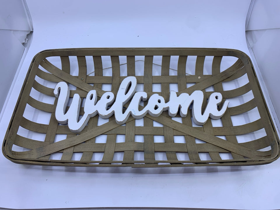 GREY WELCOME TOBACCO BASKET WALL HANGING.
