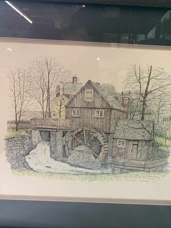 JERSEY GRIST MILL PLYMOUTH SKETCHED PHOTO IN DARK FRAME.