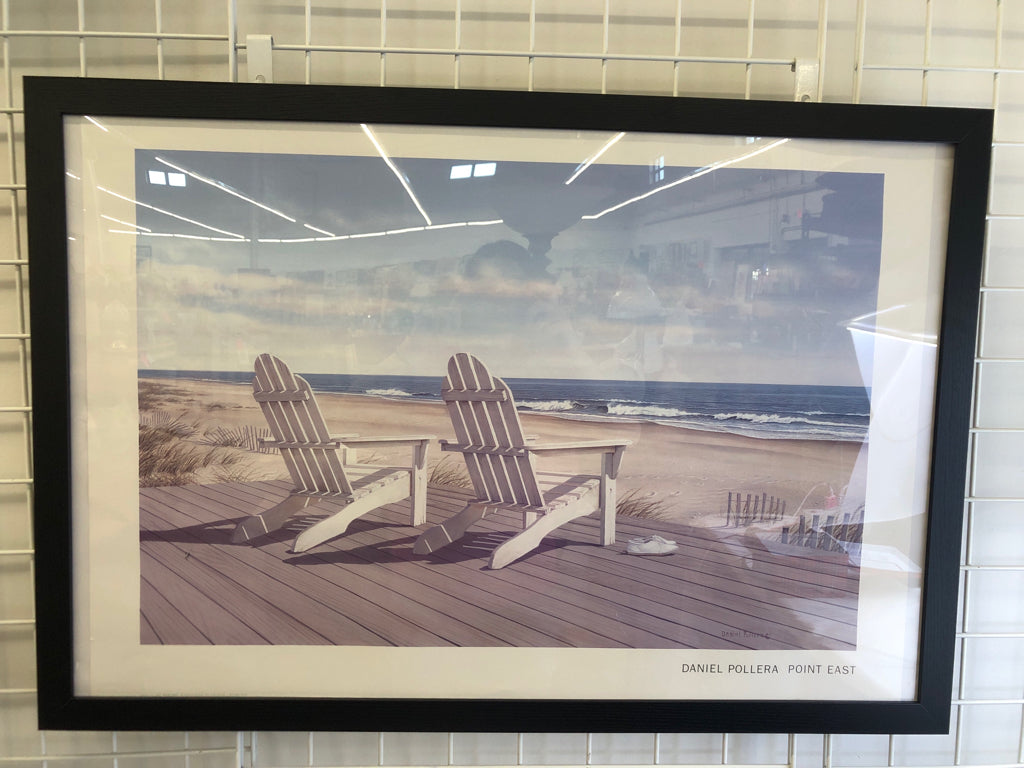 2 WHITE BEACH CHAIRS AT BEACH IN BLACK FRAME WALL ART.