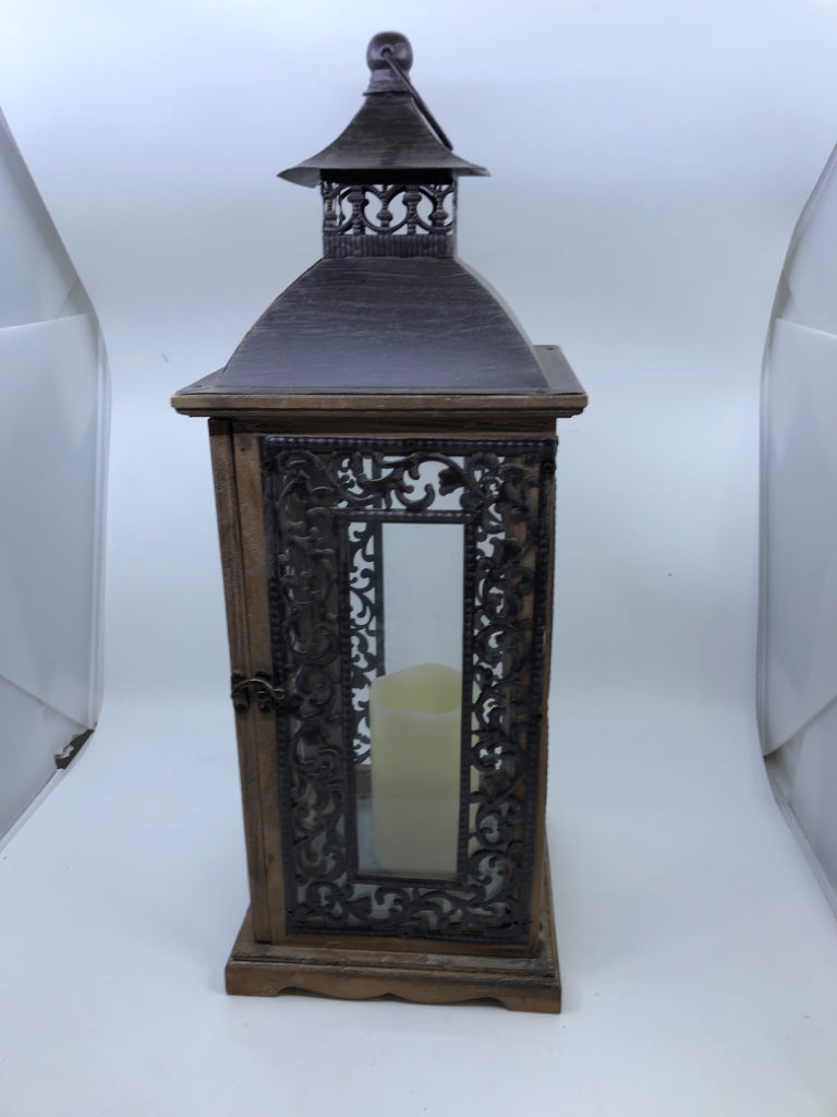 LARGE HEAVY METAL LANTERN W FAUX CANDLE.