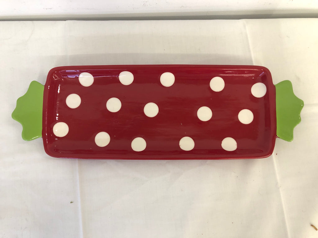 CERAMIC RED AND GREEN W WHITE DOTS CANDY DISH.