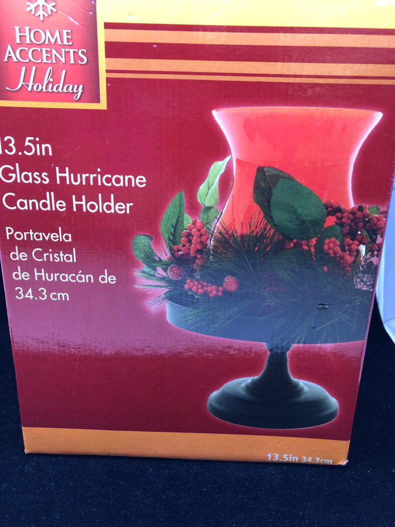 NIB RED GLASS HURRICANE CANDLE HOLDER.