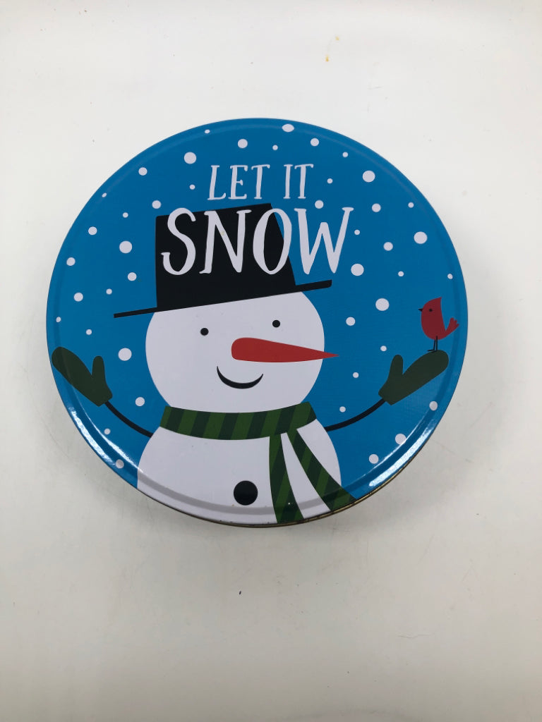 ROUND BLUE TIN SNOWMAN "LET IT SNOW".