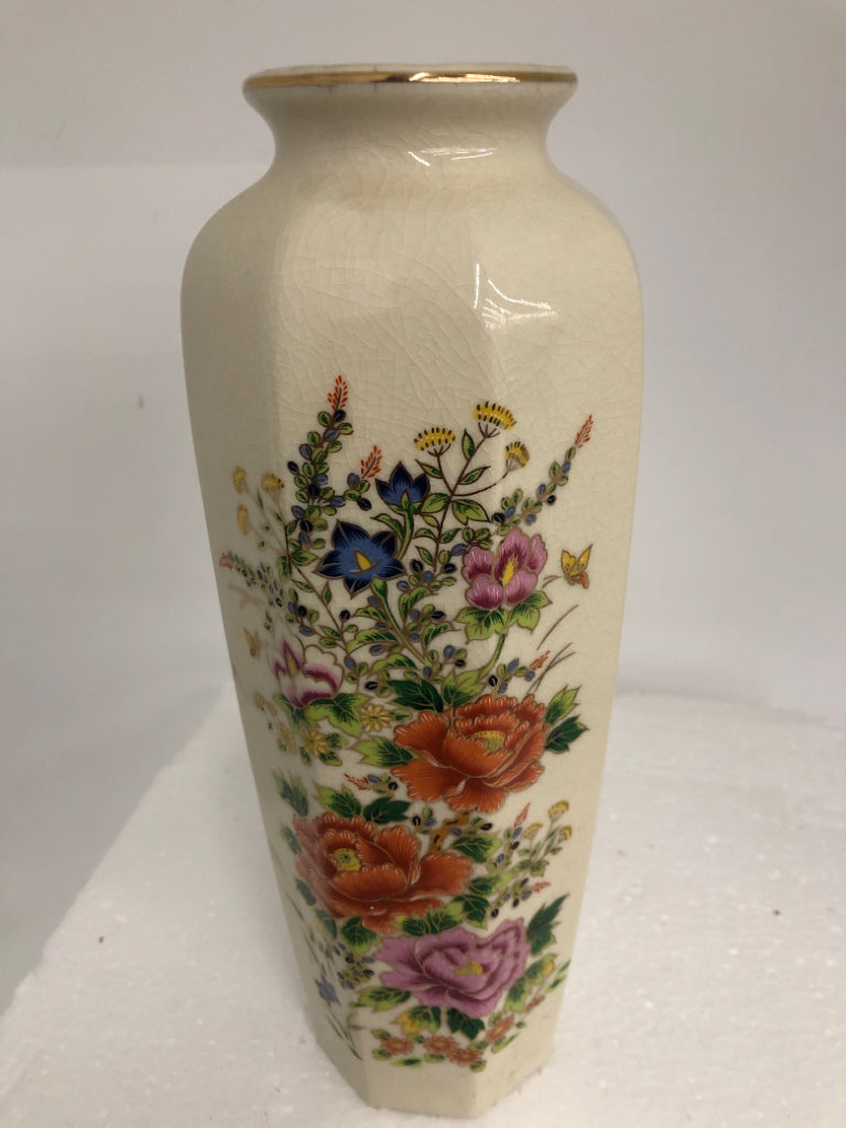 CREAM CRAZING VASE W/ COLORFUL BOUQUET OCTAGON SHAPE.