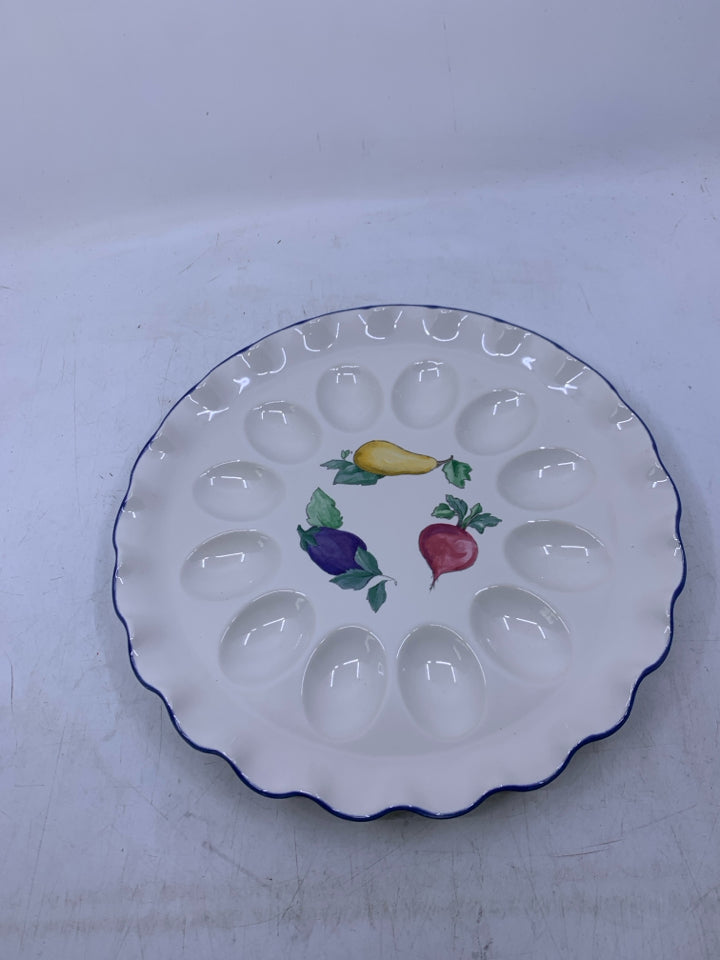 CERAMIC DEVILED EGG PLATE RUFFLED BLUE EDGE PRINTED VEGGIES.