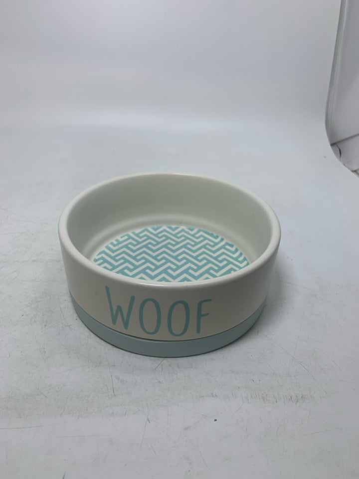 BLUE ZIG ZAG "WOOF" WATER BOWL STONEWARE.
