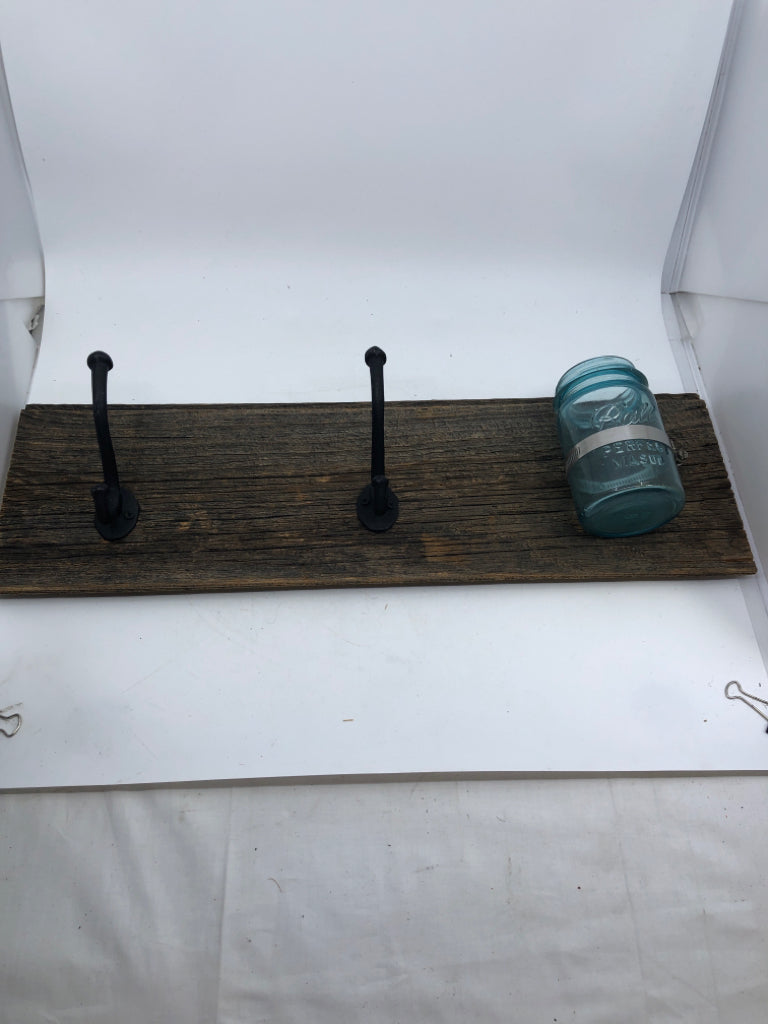 RECLAIMED WOOD 2 HOOKS + BLUE MASON JAR.