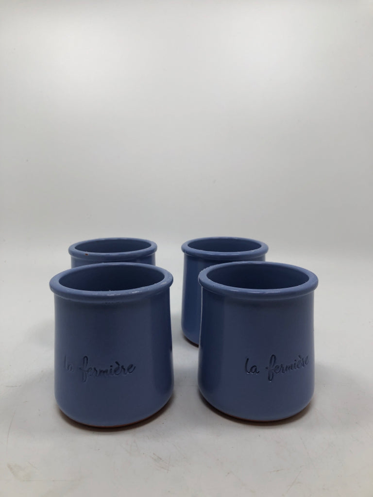 4 LA FERMIERE BLUE GLAZED TERRA COTTA POTS.