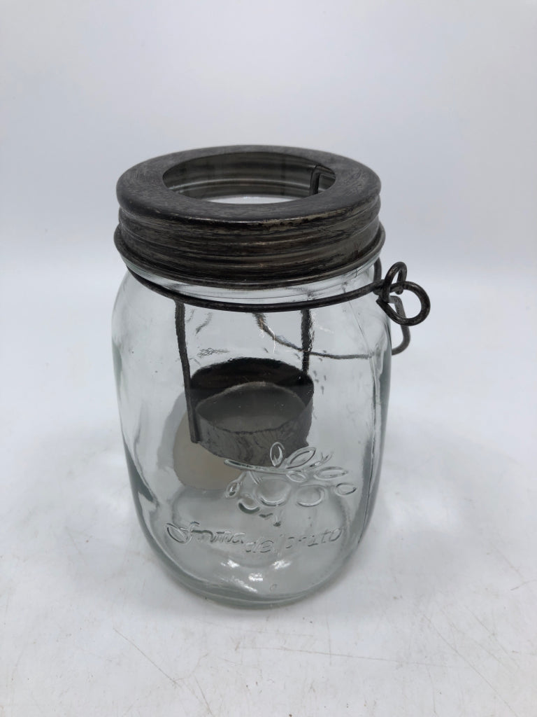 OLIVE BRANCH EMBOSSED JAR TEALIGHT CANDLE HOLDER.