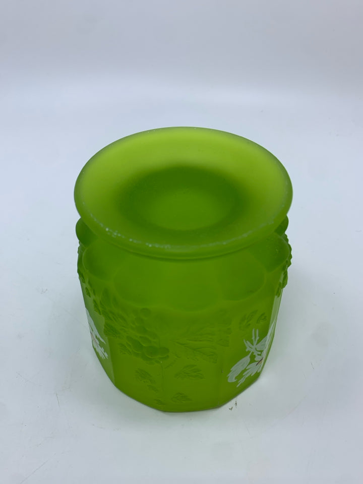 VTG GREEN MIST DAISY PAINTED LIDDED CANDY DISH.